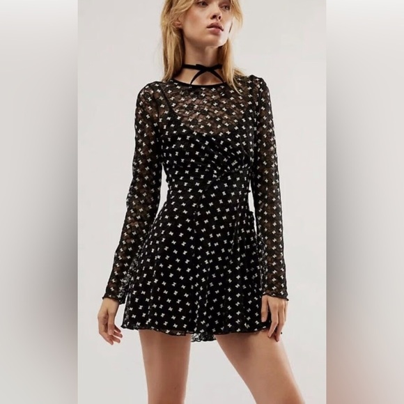 Free People Sheer Delight Mini Dress Black Flutter Mesh Size Small‎ New Nwot - Picture 1 of 8